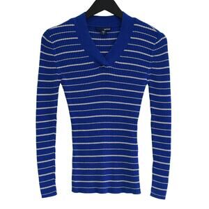 Blue Striped Ribbed Knit V-Neck Sweater - Long Sleeve Fitted Pullover